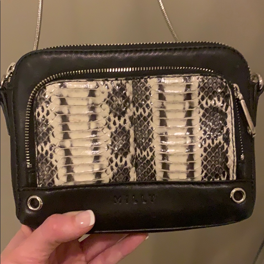 Milly Black And Cream Snakeskin Crossbody Purse